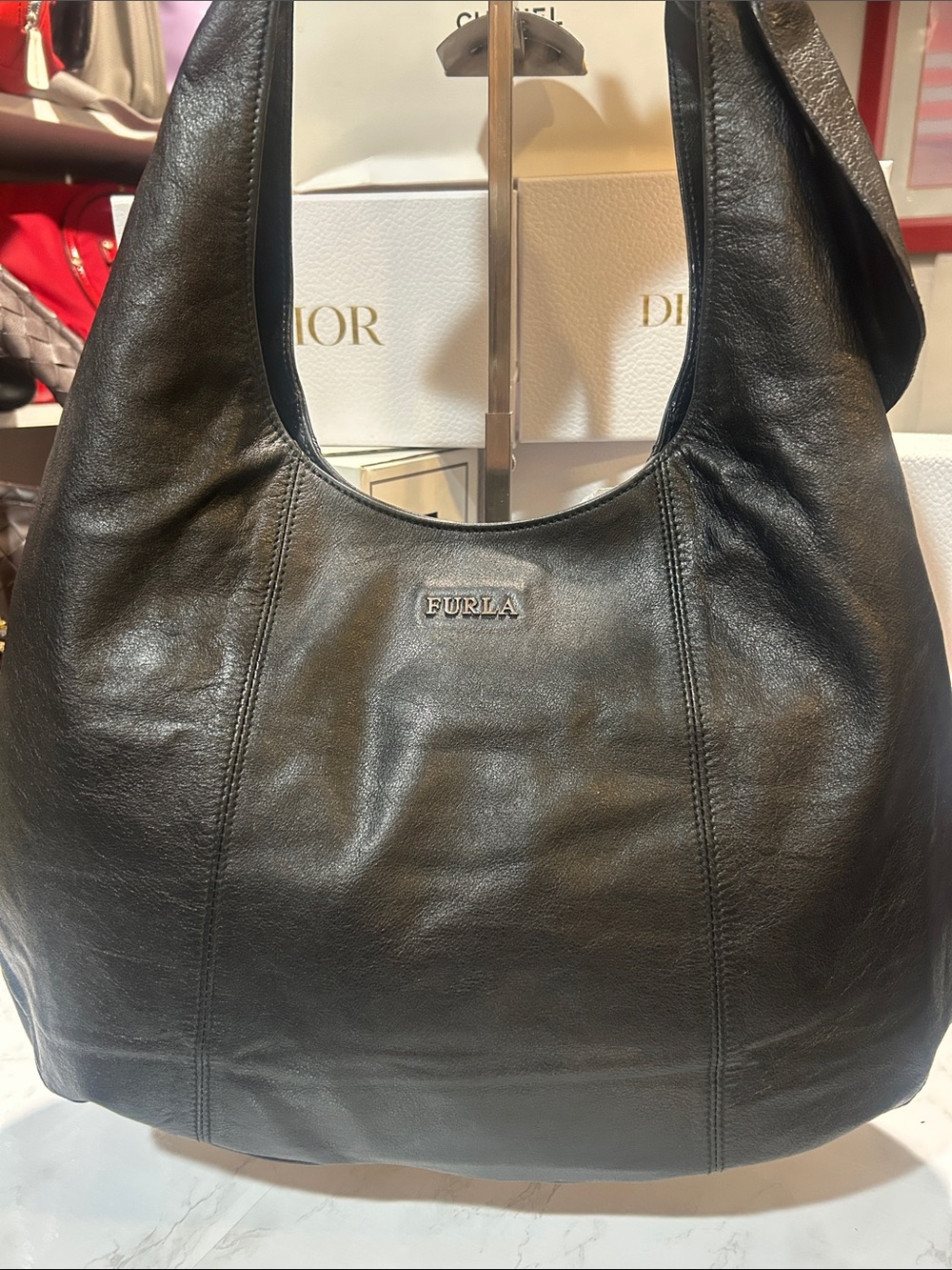 Furla Black Leather Hobo Shoulder Bag Large Bow Tote Purse Italian Luxury